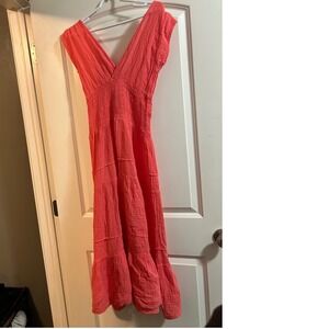 Felicite Coral Gauze Tiered Midi Dress Smocked Waist V Neck Cap Sleeve